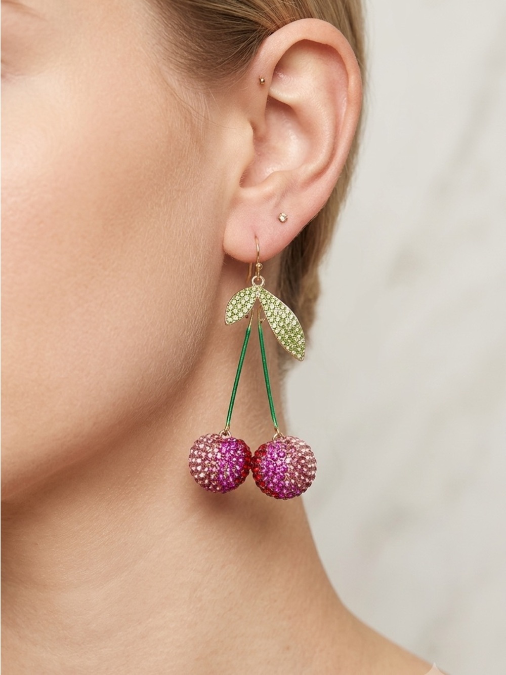 Gold-Tone Pink Crystal Cherry Drop Earrings